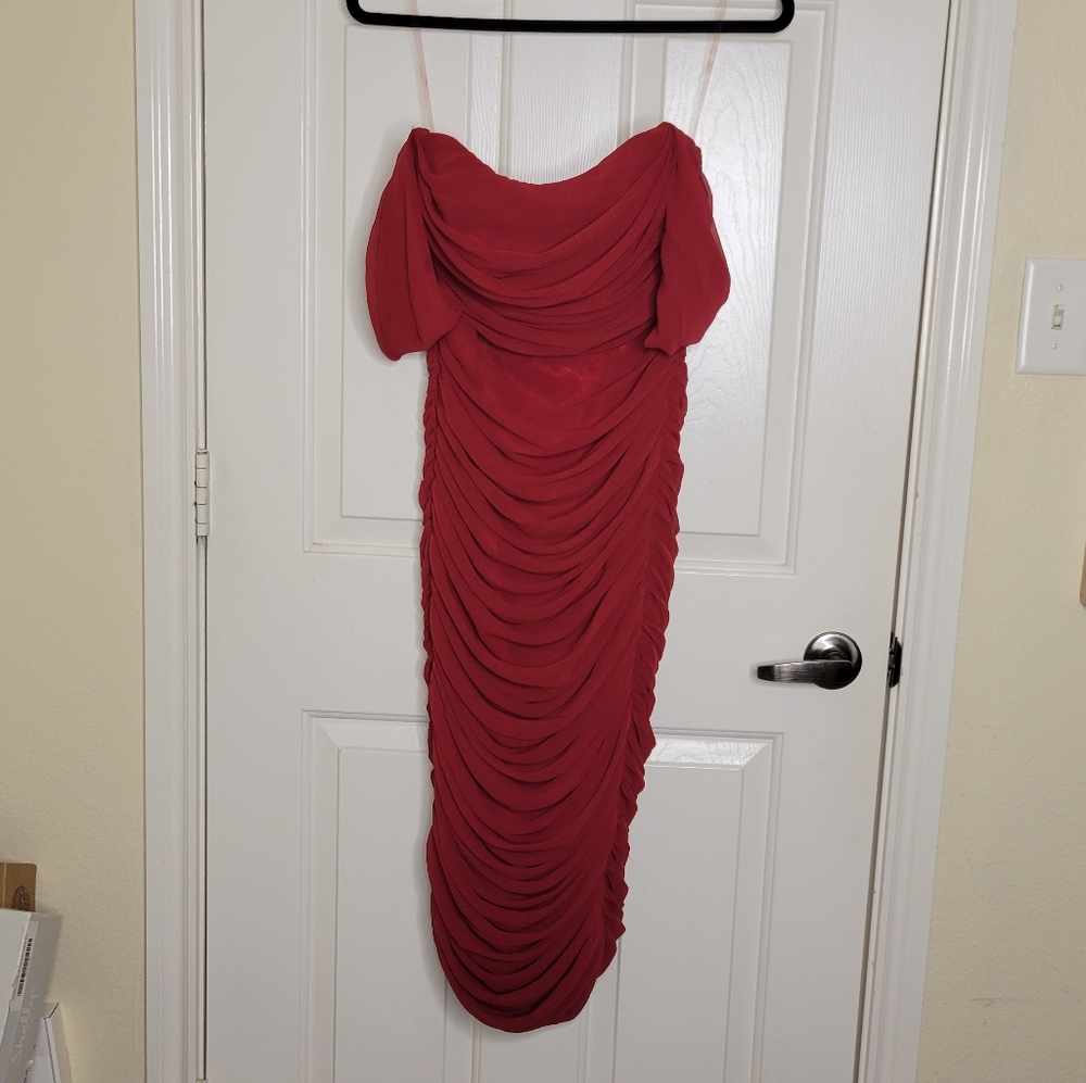 House of CB Carlotta Wine Ruched Draped Chiffon Dress - Picture 6 of 11